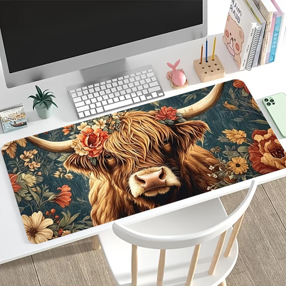 Cow Mat Rubber - Vintage Highland Cow Floral Gaming-Mauspad, rutschfeste