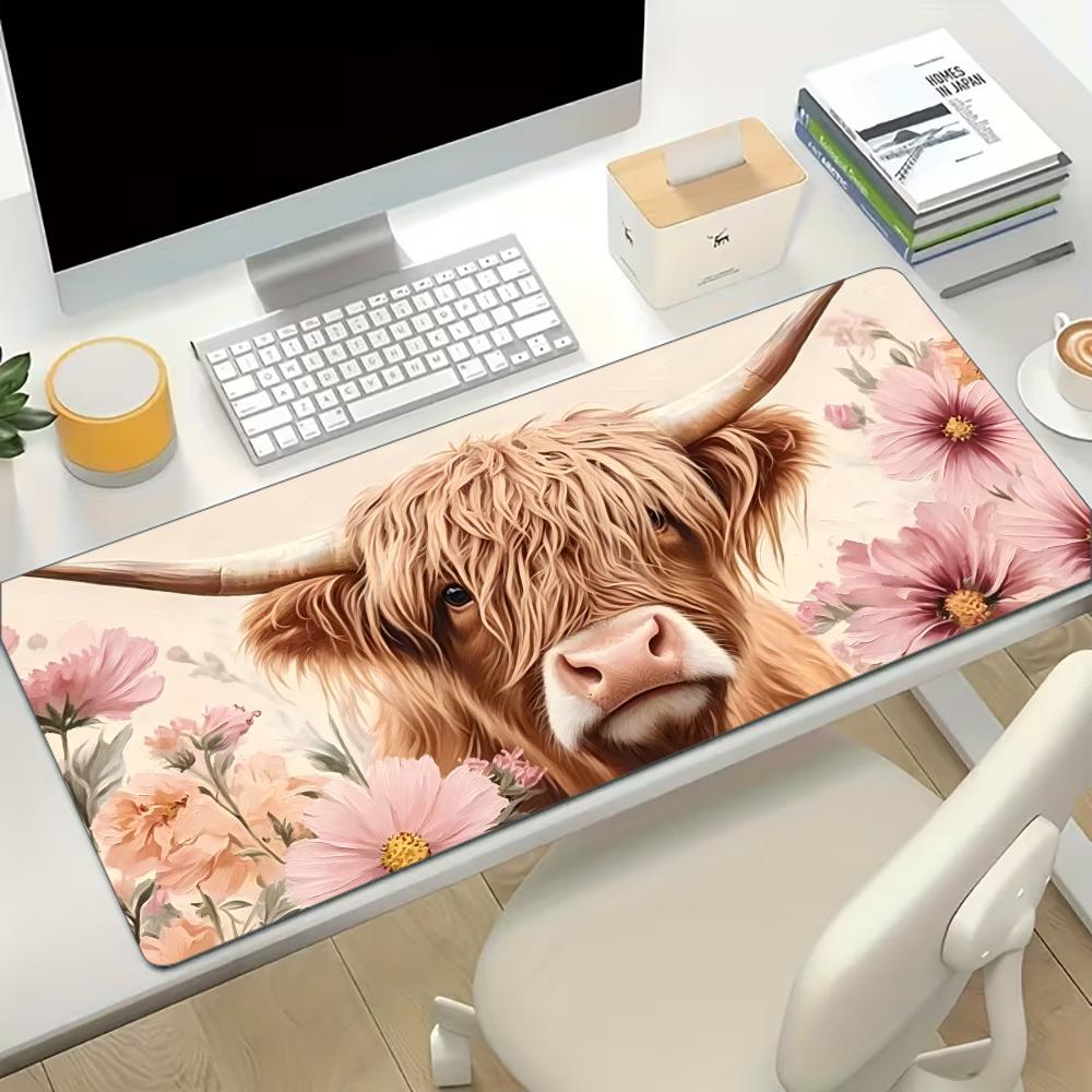 Cow Mat Rubber - Highland Cow Pink Floral Große Schreibtischunterlage,