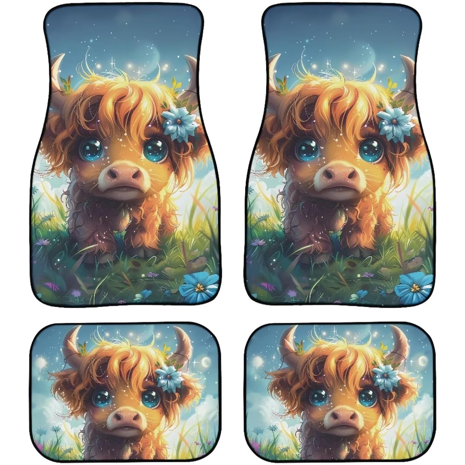Cow Mat Rubber - Niedliche Highland-Kuh-Autofußmatten, langlebige Gummimatten, 4er-Set, universell